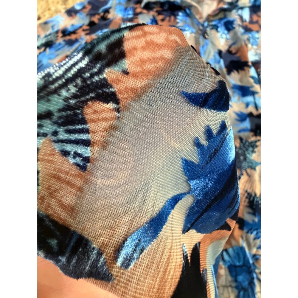 VTG 90s Velvet Burnout Blouse Small Blue Floral Sheer Boho Whimsigoth Glam Top - Picture 14 of 15